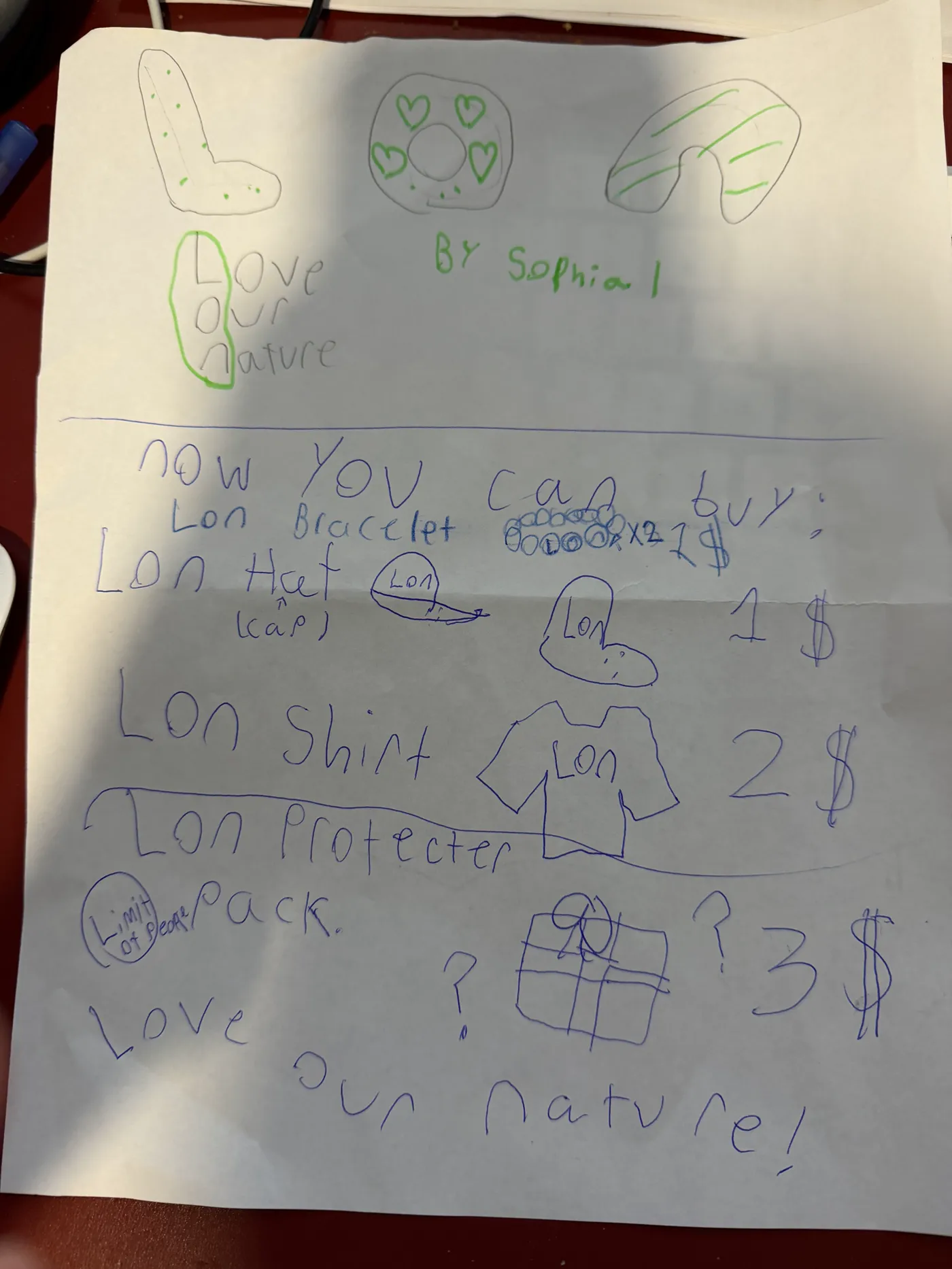 Sophia’s original hand-drawn Love Our Nature shop design